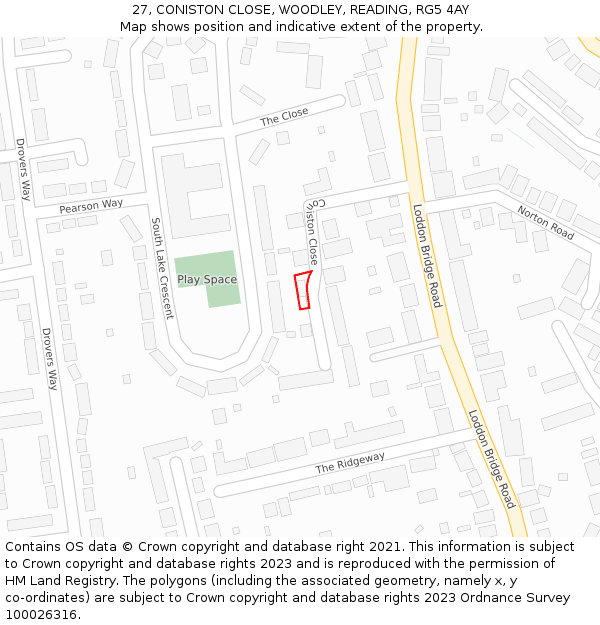 27, CONISTON CLOSE, WOODLEY, READING, RG5 4AY: Location map and indicative extent of plot