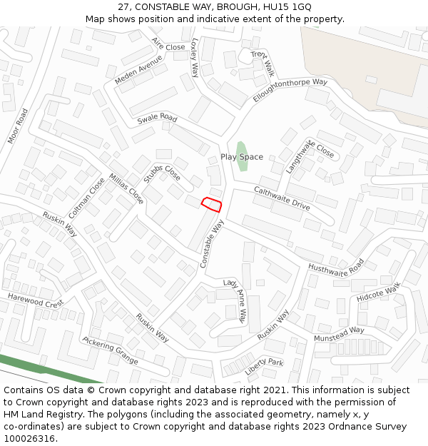 27, CONSTABLE WAY, BROUGH, HU15 1GQ: Location map and indicative extent of plot