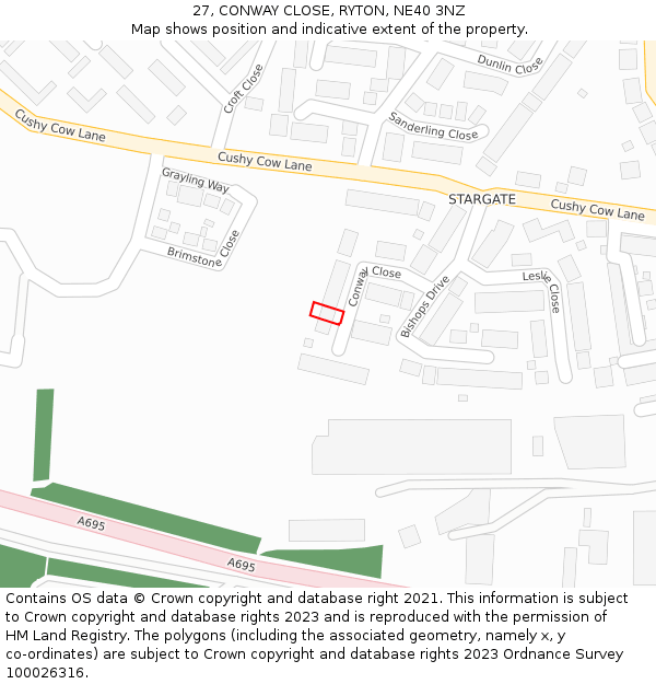 27, CONWAY CLOSE, RYTON, NE40 3NZ: Location map and indicative extent of plot