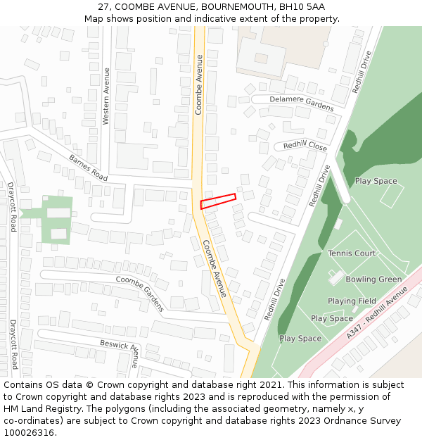 27, COOMBE AVENUE, BOURNEMOUTH, BH10 5AA: Location map and indicative extent of plot