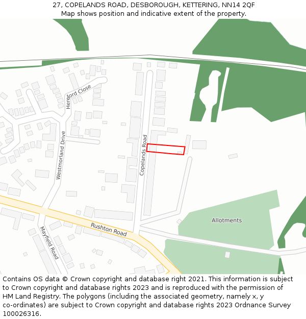 27, COPELANDS ROAD, DESBOROUGH, KETTERING, NN14 2QF: Location map and indicative extent of plot