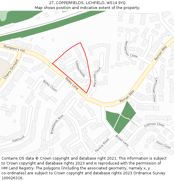 27, COPPERFIELDS, LICHFIELD, WS14 9YQ: Location map and indicative extent of plot