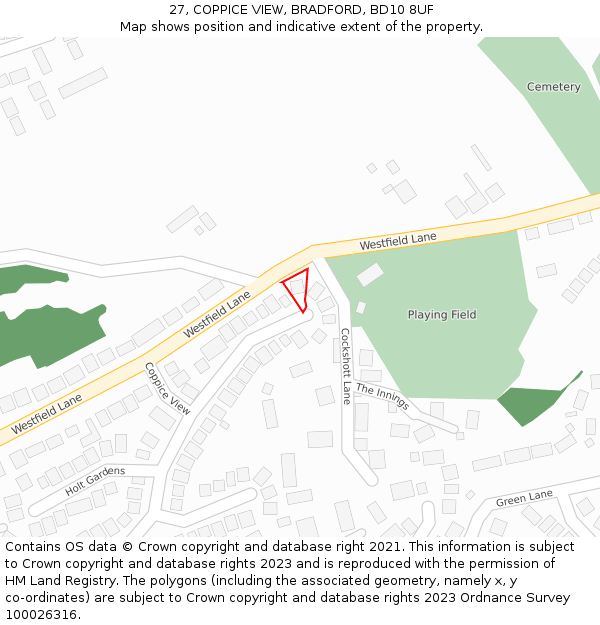 27, COPPICE VIEW, BRADFORD, BD10 8UF: Location map and indicative extent of plot