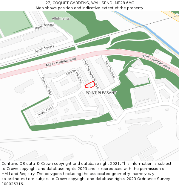 27, COQUET GARDENS, WALLSEND, NE28 6AG: Location map and indicative extent of plot
