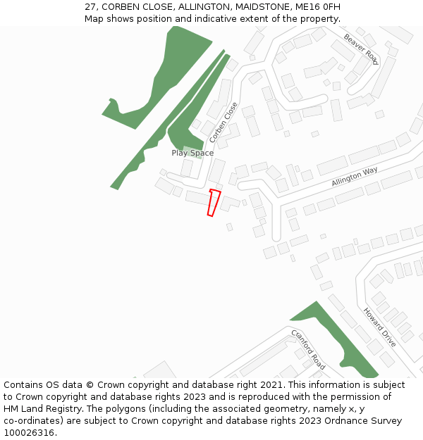 27, CORBEN CLOSE, ALLINGTON, MAIDSTONE, ME16 0FH: Location map and indicative extent of plot