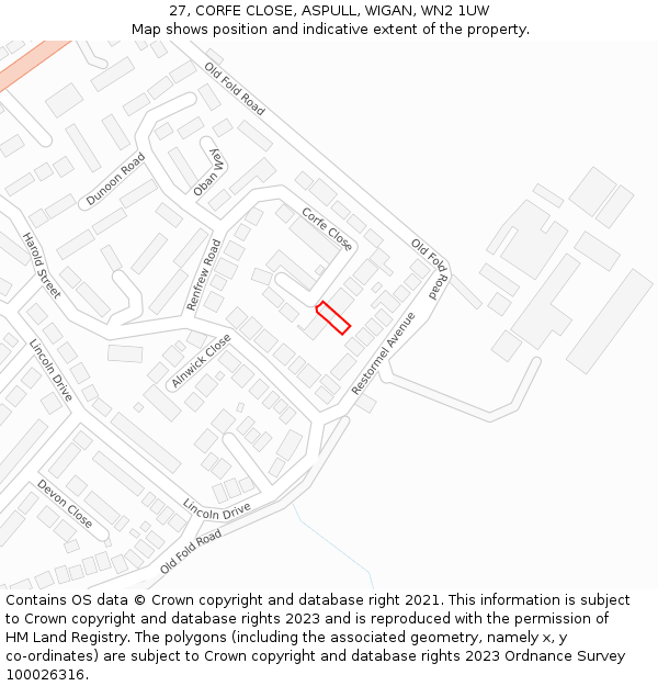 27, CORFE CLOSE, ASPULL, WIGAN, WN2 1UW: Location map and indicative extent of plot