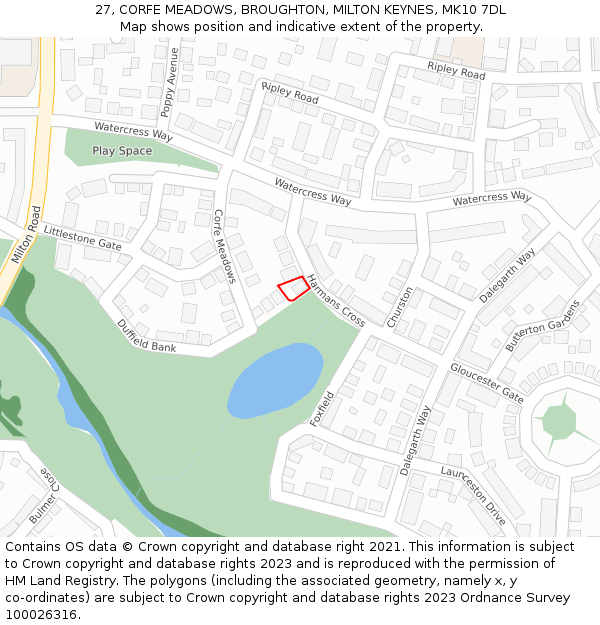 27, CORFE MEADOWS, BROUGHTON, MILTON KEYNES, MK10 7DL: Location map and indicative extent of plot