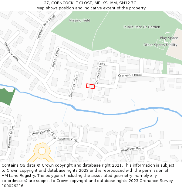 27, CORNCOCKLE CLOSE, MELKSHAM, SN12 7GL: Location map and indicative extent of plot