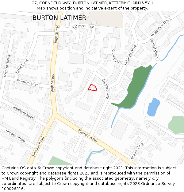 27, CORNFIELD WAY, BURTON LATIMER, KETTERING, NN15 5YH: Location map and indicative extent of plot
