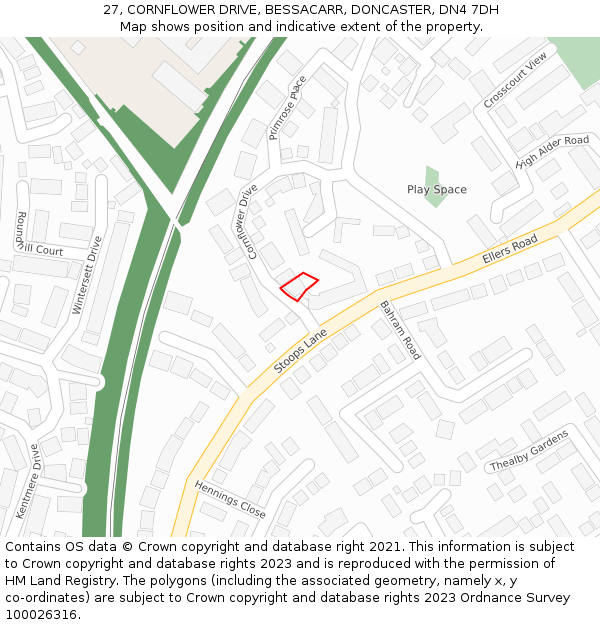 27, CORNFLOWER DRIVE, BESSACARR, DONCASTER, DN4 7DH: Location map and indicative extent of plot