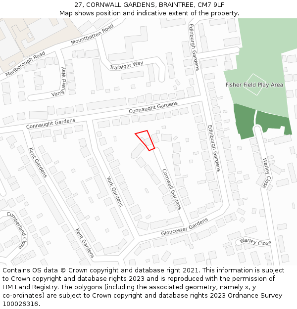 27, CORNWALL GARDENS, BRAINTREE, CM7 9LF: Location map and indicative extent of plot