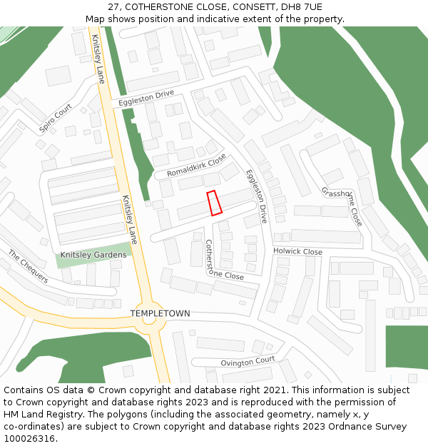 27, COTHERSTONE CLOSE, CONSETT, DH8 7UE: Location map and indicative extent of plot