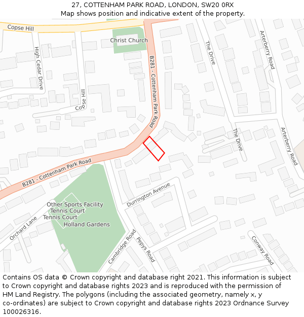 27, COTTENHAM PARK ROAD, LONDON, SW20 0RX: Location map and indicative extent of plot