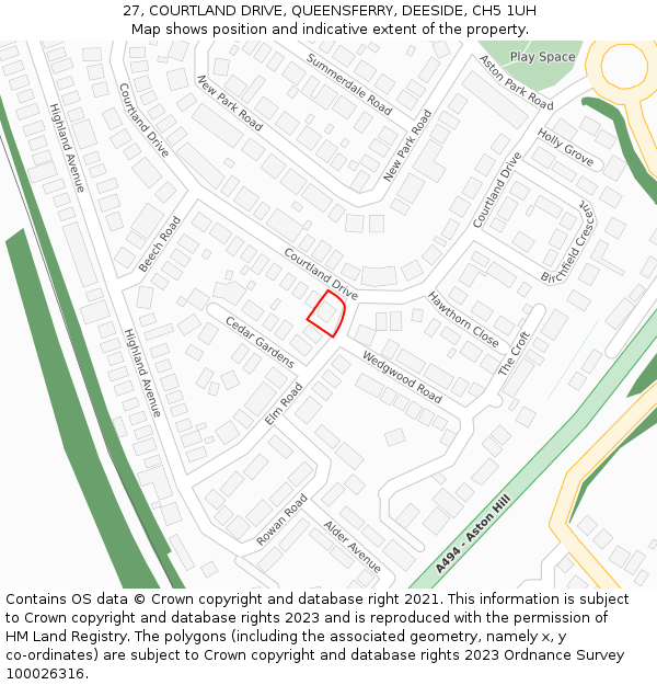 27, COURTLAND DRIVE, QUEENSFERRY, DEESIDE, CH5 1UH: Location map and indicative extent of plot