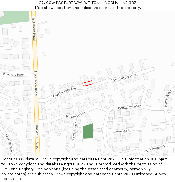 27, COW PASTURE WAY, WELTON, LINCOLN, LN2 3BZ: Location map and indicative extent of plot