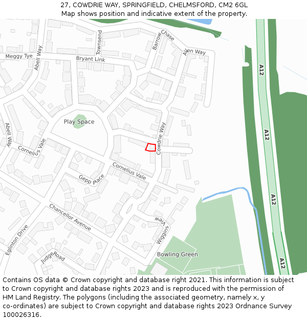 27, COWDRIE WAY, SPRINGFIELD, CHELMSFORD, CM2 6GL: Location map and indicative extent of plot