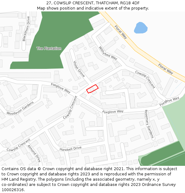 27, COWSLIP CRESCENT, THATCHAM, RG18 4DF: Location map and indicative extent of plot