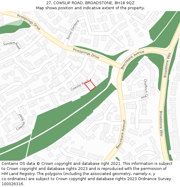 27, COWSLIP ROAD, BROADSTONE, BH18 9QZ: Location map and indicative extent of plot