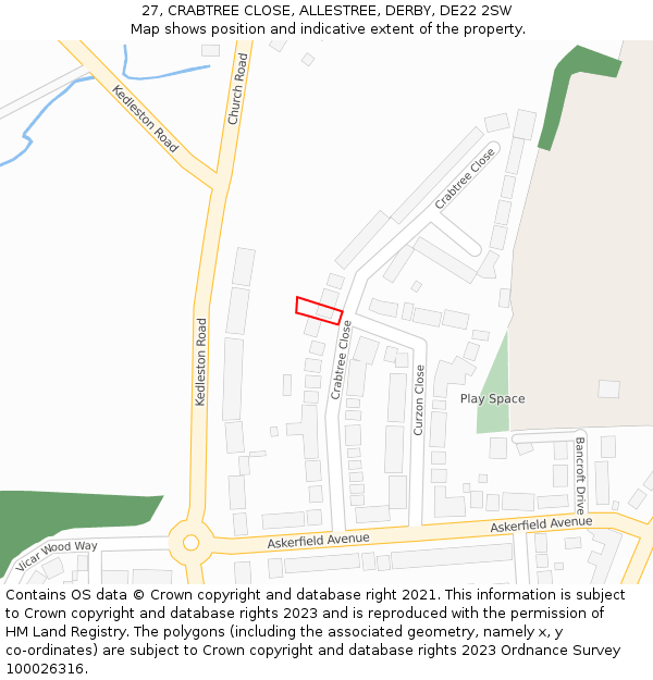 27, CRABTREE CLOSE, ALLESTREE, DERBY, DE22 2SW: Location map and indicative extent of plot