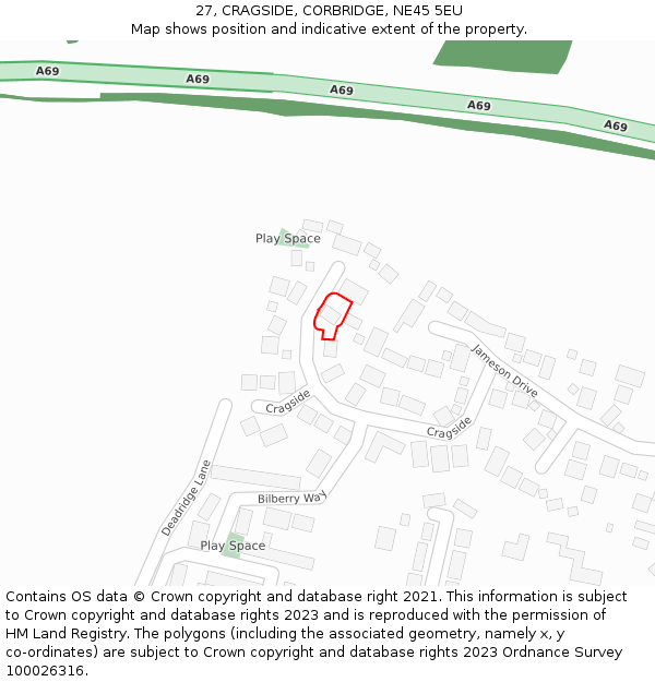 27, CRAGSIDE, CORBRIDGE, NE45 5EU: Location map and indicative extent of plot