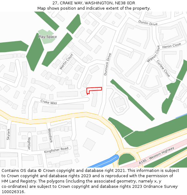 27, CRAKE WAY, WASHINGTON, NE38 0DR: Location map and indicative extent of plot