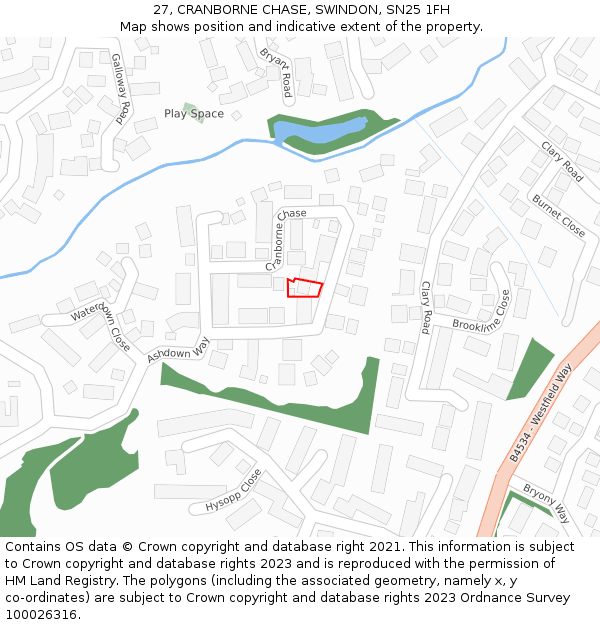 27, CRANBORNE CHASE, SWINDON, SN25 1FH: Location map and indicative extent of plot