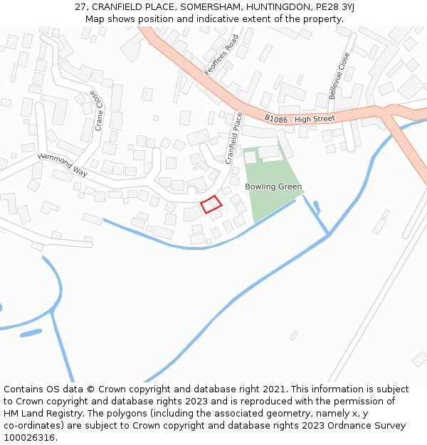 27, CRANFIELD PLACE, SOMERSHAM, HUNTINGDON, PE28 3YJ: Location map and indicative extent of plot