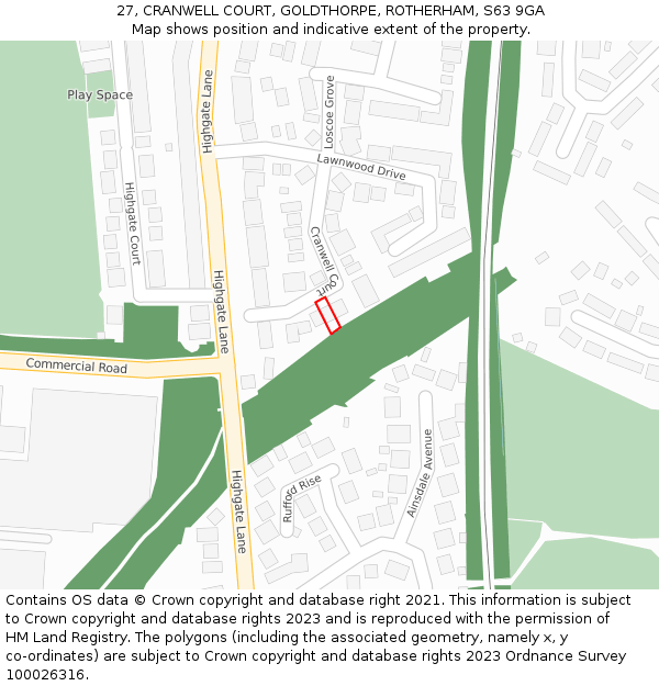 27, CRANWELL COURT, GOLDTHORPE, ROTHERHAM, S63 9GA: Location map and indicative extent of plot