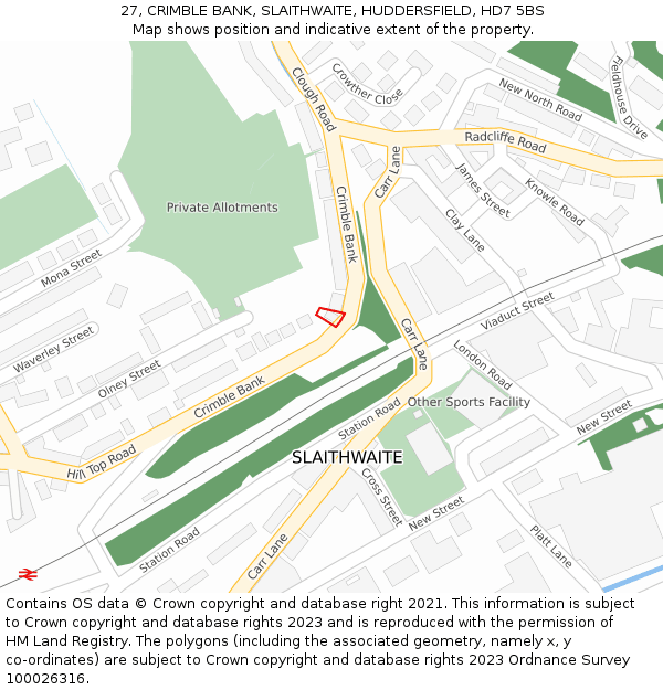 27, CRIMBLE BANK, SLAITHWAITE, HUDDERSFIELD, HD7 5BS: Location map and indicative extent of plot