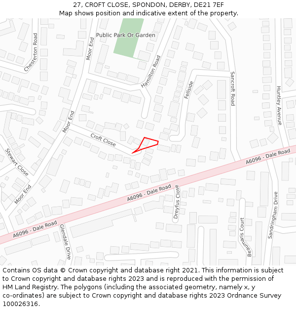 27, CROFT CLOSE, SPONDON, DERBY, DE21 7EF: Location map and indicative extent of plot