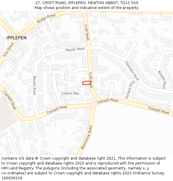 27, CROFT ROAD, IPPLEPEN, NEWTON ABBOT, TQ12 5SS: Location map and indicative extent of plot