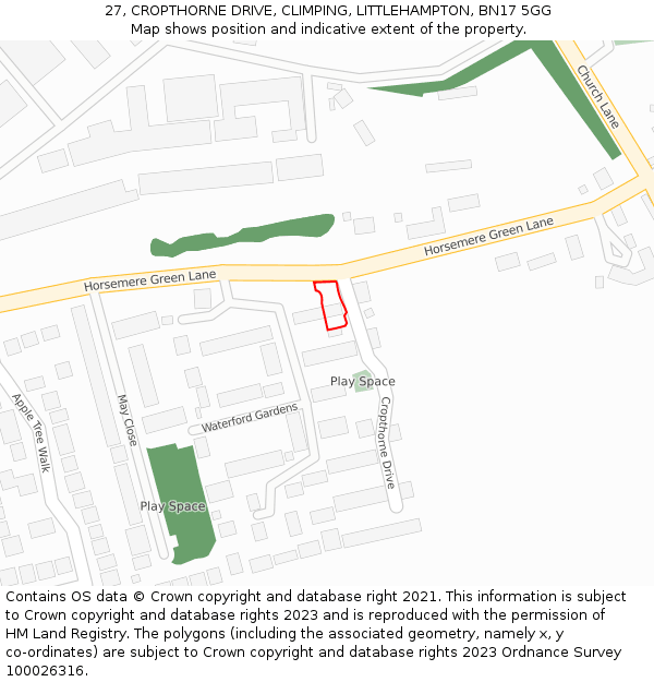 27, CROPTHORNE DRIVE, CLIMPING, LITTLEHAMPTON, BN17 5GG: Location map and indicative extent of plot