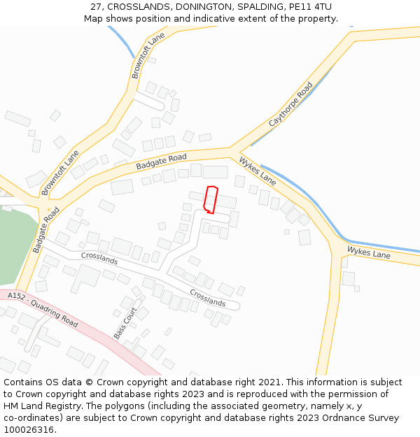 27, CROSSLANDS, DONINGTON, SPALDING, PE11 4TU: Location map and indicative extent of plot