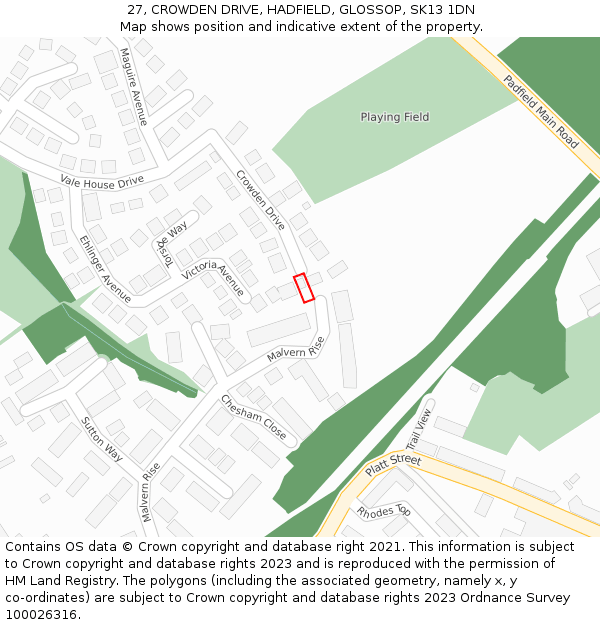 27, CROWDEN DRIVE, HADFIELD, GLOSSOP, SK13 1DN: Location map and indicative extent of plot
