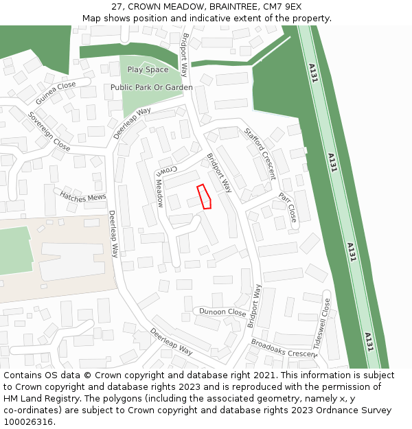 27, CROWN MEADOW, BRAINTREE, CM7 9EX: Location map and indicative extent of plot