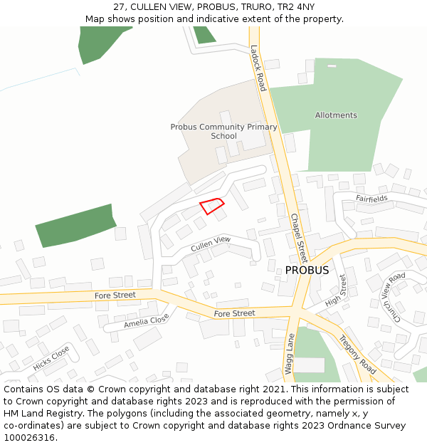 27, CULLEN VIEW, PROBUS, TRURO, TR2 4NY: Location map and indicative extent of plot