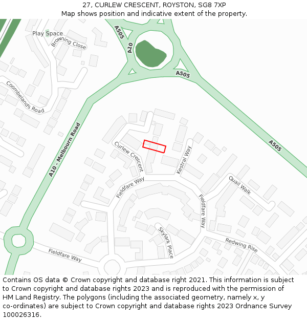 27, CURLEW CRESCENT, ROYSTON, SG8 7XP: Location map and indicative extent of plot