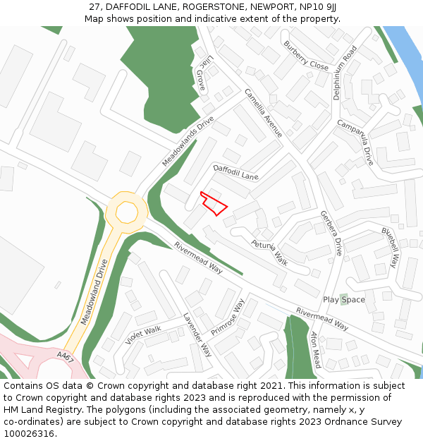 27, DAFFODIL LANE, ROGERSTONE, NEWPORT, NP10 9JJ: Location map and indicative extent of plot