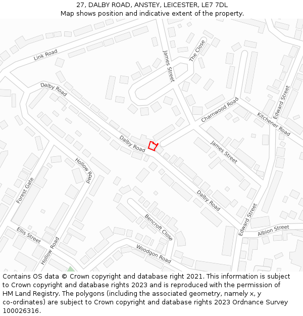 27, DALBY ROAD, ANSTEY, LEICESTER, LE7 7DL: Location map and indicative extent of plot