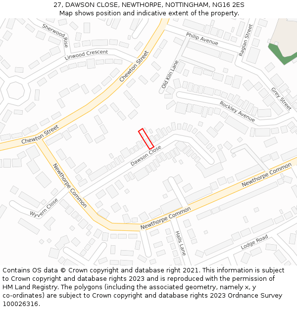 27, DAWSON CLOSE, NEWTHORPE, NOTTINGHAM, NG16 2ES: Location map and indicative extent of plot