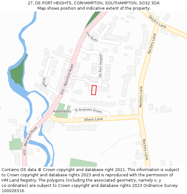 27, DE PORT HEIGHTS, CORHAMPTON, SOUTHAMPTON, SO32 3DA: Location map and indicative extent of plot