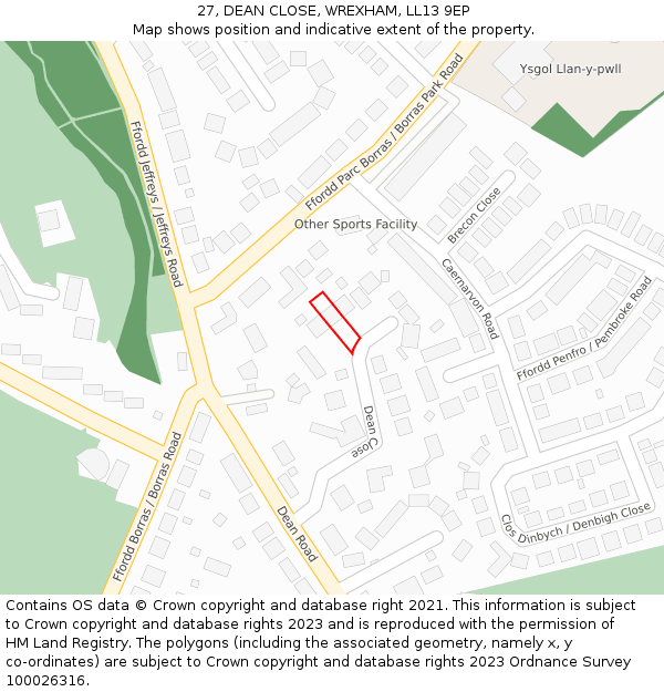 27, DEAN CLOSE, WREXHAM, LL13 9EP: Location map and indicative extent of plot