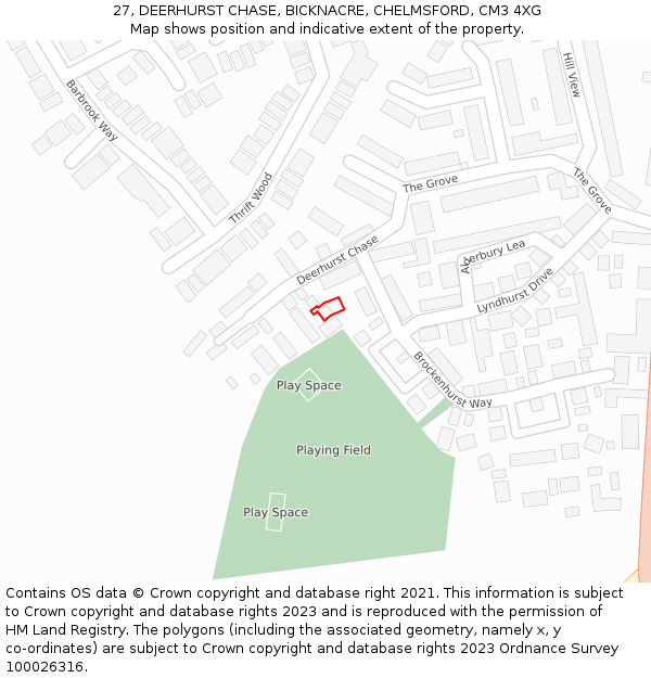 27, DEERHURST CHASE, BICKNACRE, CHELMSFORD, CM3 4XG: Location map and indicative extent of plot