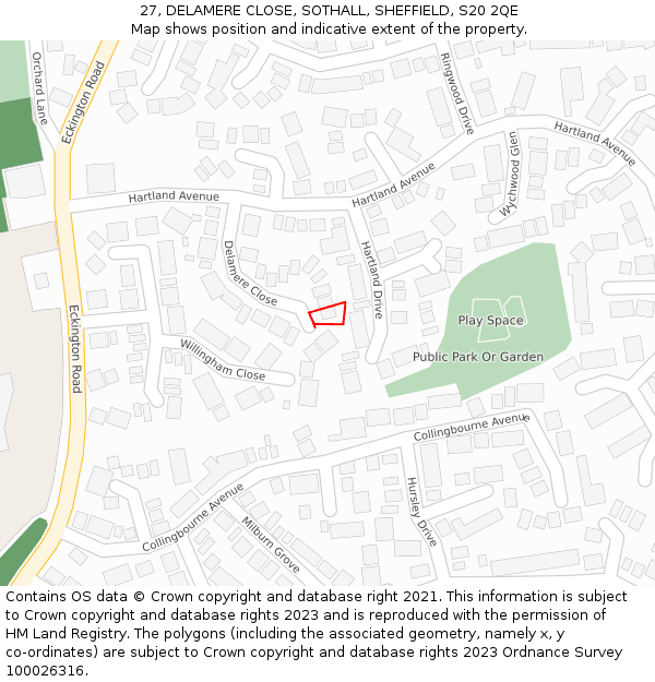 27, DELAMERE CLOSE, SOTHALL, SHEFFIELD, S20 2QE: Location map and indicative extent of plot