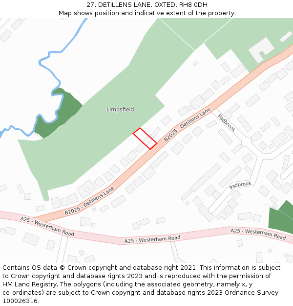 27, DETILLENS LANE, OXTED, RH8 0DH: Location map and indicative extent of plot