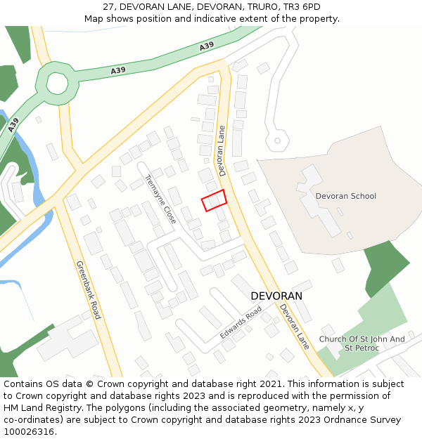 27, DEVORAN LANE, DEVORAN, TRURO, TR3 6PD: Location map and indicative extent of plot