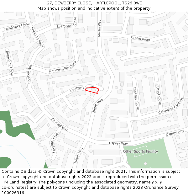 27, DEWBERRY CLOSE, HARTLEPOOL, TS26 0WE: Location map and indicative extent of plot