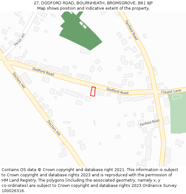 27, DODFORD ROAD, BOURNHEATH, BROMSGROVE, B61 9JP: Location map and indicative extent of plot