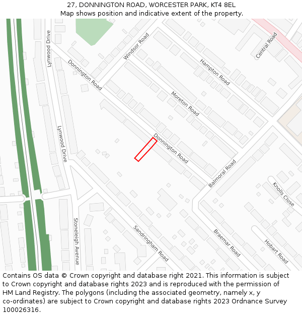 27, DONNINGTON ROAD, WORCESTER PARK, KT4 8EL: Location map and indicative extent of plot