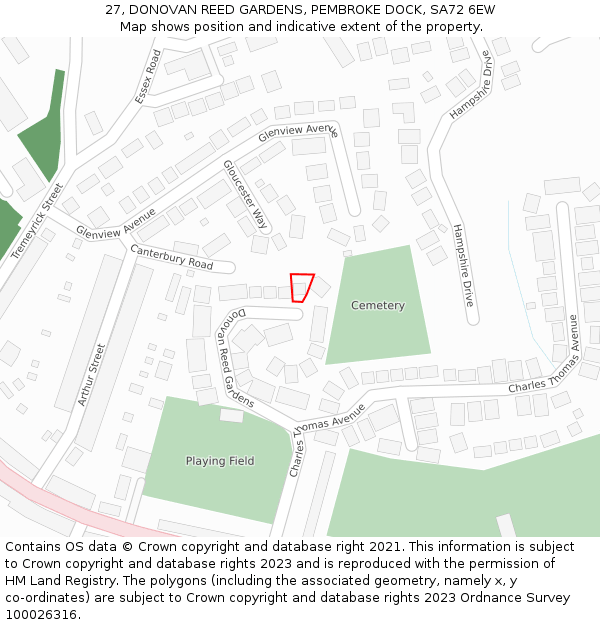 27, DONOVAN REED GARDENS, PEMBROKE DOCK, SA72 6EW: Location map and indicative extent of plot